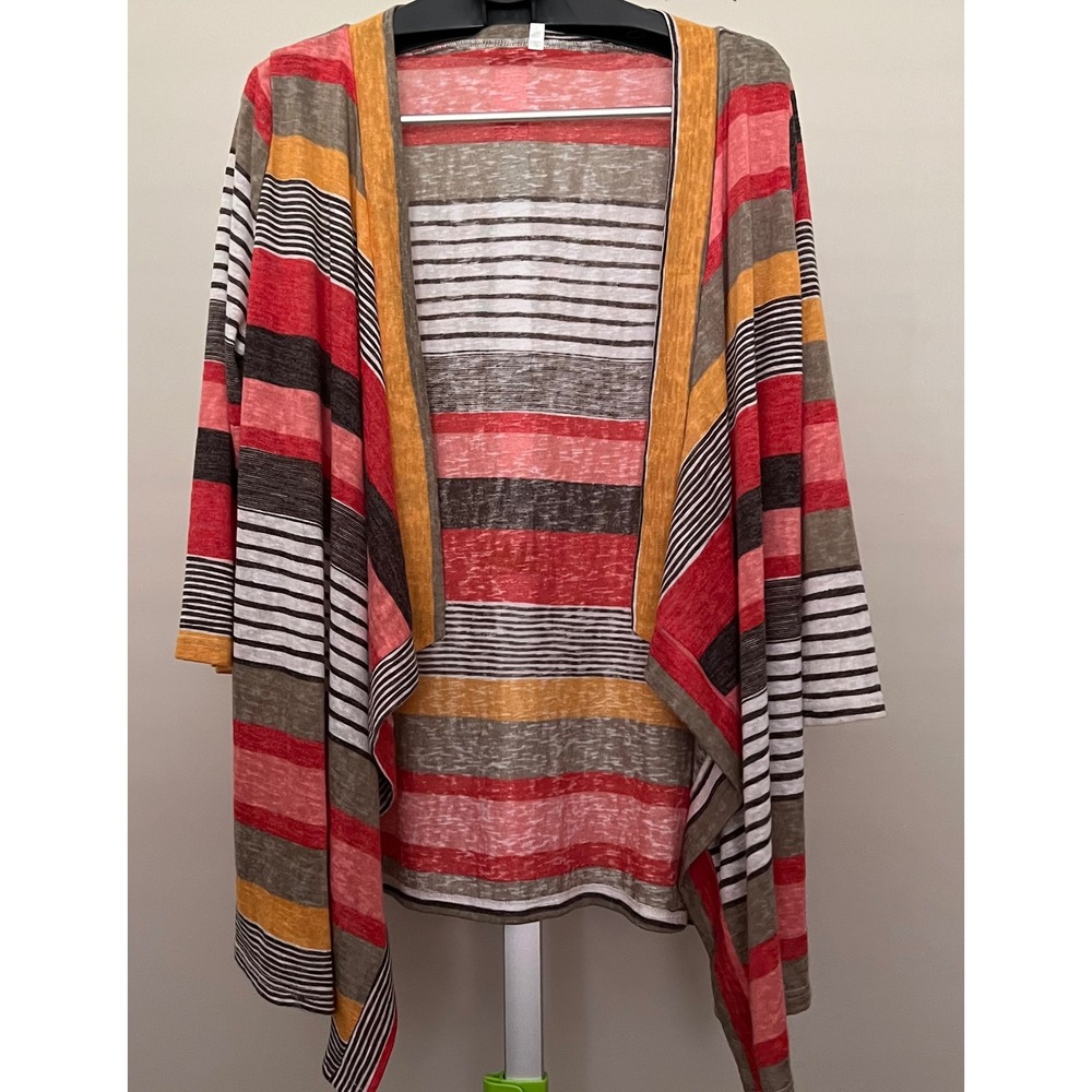 Women Multi Color Striped Open Front Waterfall Cardigan Red Orange Medium